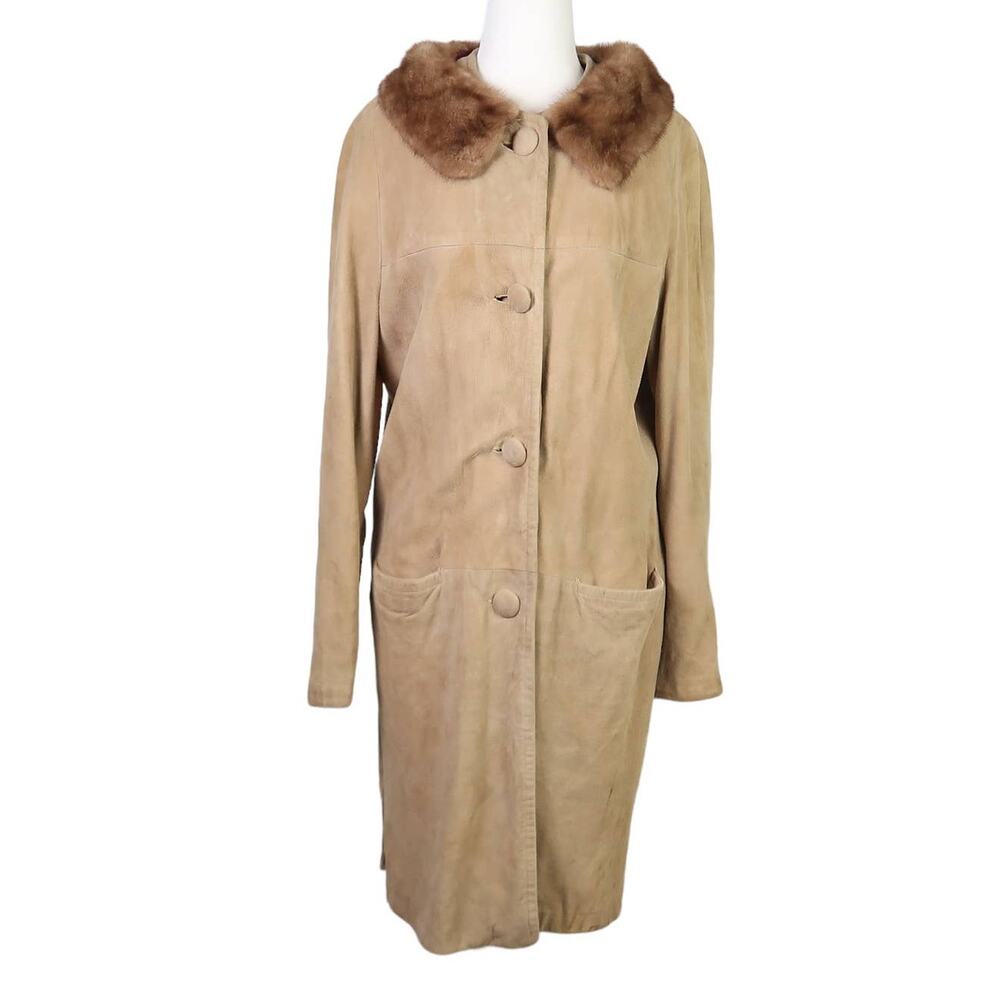 Vintage 60s tan brown suede leather mid length coat fur collar 10